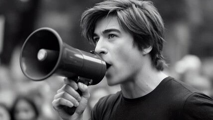 Man speaking into megaphone crowd outdoors black and white - Powered by Adobe