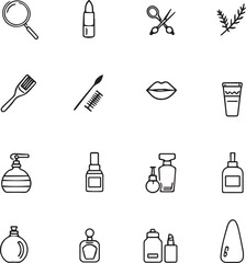 Grid of 16 black line icons for beauty, grooming, and cosmetics including lipstick, perfume, and sponge