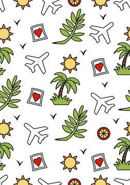Travel Seamless Vector Pattern on Transparent Background. Plane, heart, palm tree, leaves, bird silhouette and sun vacation clipart design