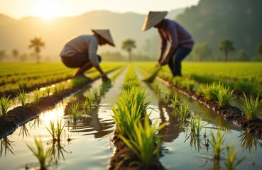 Fototapeta premium Two farmers work in rice field transplanting seedlings. They wear traditional hats. Photo displays moment of agricultural labor in rural environment. Golden sunlight illuminates water, green plants.