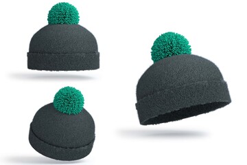 grey knit beanie with green pom pom from multiple angles for winter style and design