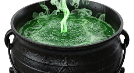 A cauldron with bubbling green liquid and rising smoke in a dark setting for halloween themes