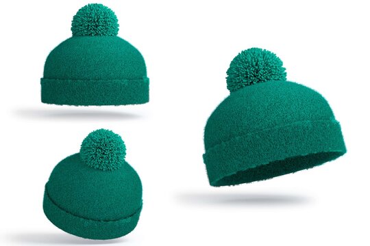 green knit beanie with green pom pom from multiple angles for winter style and design