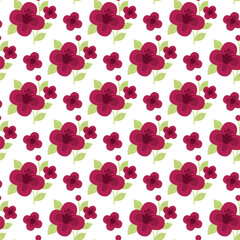 Floral Pattern Of Magenta Flowers With Green Leaves On White Background Seamless Repeat