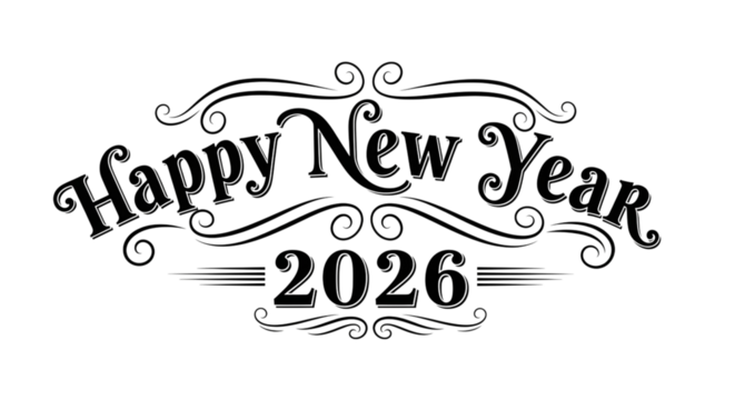 Happy new year 2026 decorative text with swirls and lines - Powered by Adobe