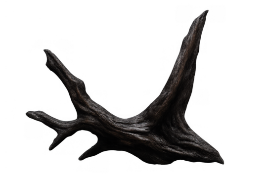 Gnarled dark wood providing organic texture and natural element for aquascape or decorative design on a transparent background