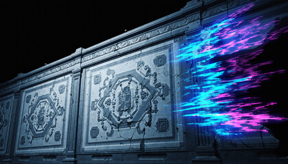 Glitching Classical Stone Wall with Neon Streaks