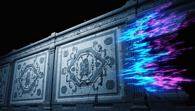 Glitching Classical Stone Wall with Neon Streaks
