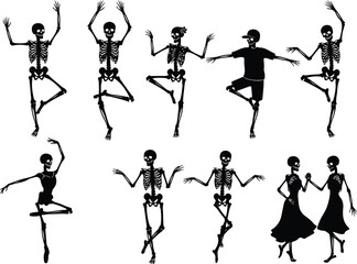 Dancing skeletons in various poses a spooky and artistic illustration.