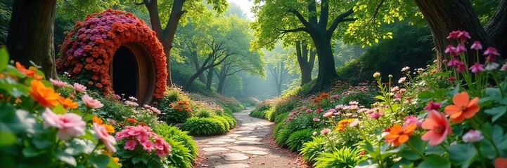 Discover a Whimsical Hidden Park Vibrant Flowers, Playful Sculptures, and Secret Pathways Await amidst Lush Greenery.  An Enchanting Surprise in Nature.