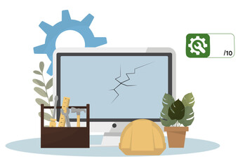 Computer Repairability Assessment with Tools and Cracked Screen isolated on transparent background. hardware diagnostics and repair-focused evaluation. Flat design. Vector illustration