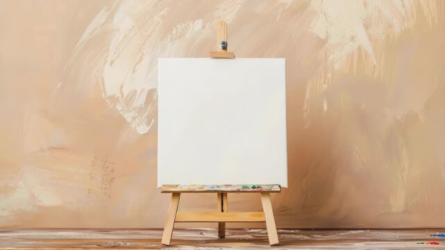 Blank canvas on easel with painter's palette against textured backdrop