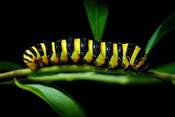 Fototapeta premium Detailed close-up of a black and yellow striped caterpillar on green leaves in darkness, emphasizing scales and legs for macro photography and environmental concepts.