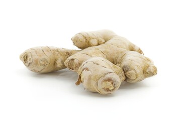 Fresh ginger root isolated on white background, showing its natural organic shape and textured skin.