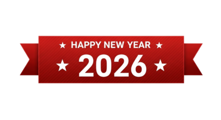 Happy new year 2026 red ribbon banner with stars