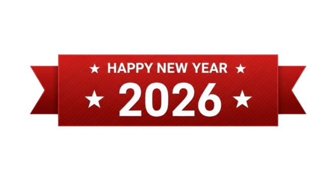 Happy new year 2026 red ribbon banner with stars
