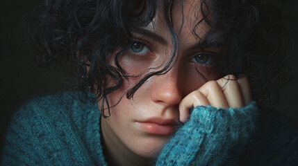 A young person with intense eyes and contemplative expression