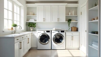 Bright & Airy Modern Laundry Room with Ample Storage, Stainless Steel Appliances, and Natural Light