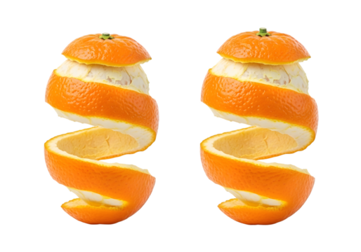 Two partially peeled oranges with spiral orange peels against a isolated on a transparent background