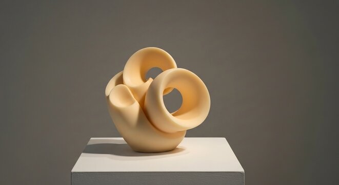 Beige geometric sculpture with donut shapes sits atop a square white plinth against a neutral gray backdrop
