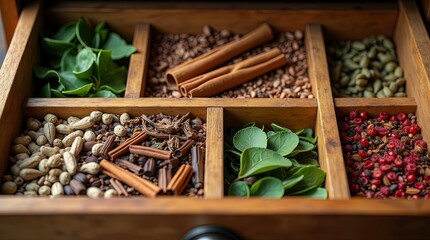 A rustic wooden drawer organizer filled with various dried herbs, spices, seeds, and botanicals neatly contains different natural textures and earthy colors.