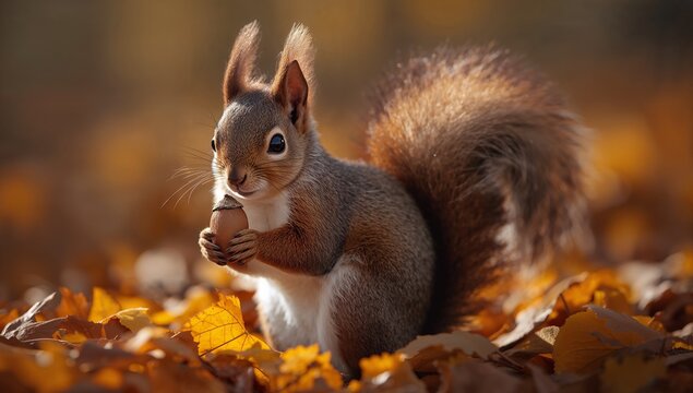 Squirrel Holding an Acorn While Sitting on Golden Autumn Leaves in Warm Seasonal Sunlight