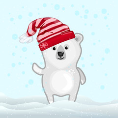 Christmas polar bear on snow background. Celebration teddy in santa claus hat with falling snowflakes.Cartoon white bear with red holiday cup.Festive winter time.Xmas Arctic animal.Vector illustration
