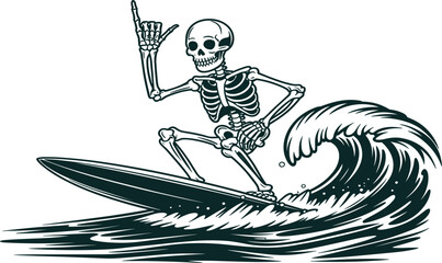 Skeleton surfing ocean wave vector illustration, grim reaper character riding surfboard, summer death chill shaka sign graphic design