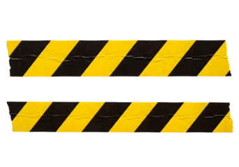 Two strips of yellow and black hazard warning tape with wrinkled texture isolated on a transparent background