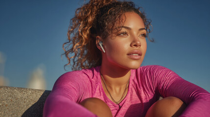 Plus size athlete stretching before a run at sunrise for fitness motivation and active lifestyle