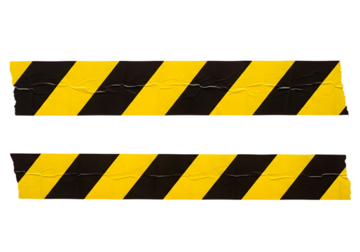 Two strips of yellow and black hazard warning tape with wrinkled texture isolated on a transparent background