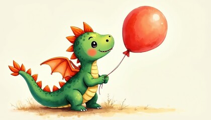 Fototapeta premium Cute green dino smiles, holds red balloon. Winged dragon watercolor art. Fantasy creature celebrates, shares joy. Cartoon animal is painted for kids books and invites to birthday party.