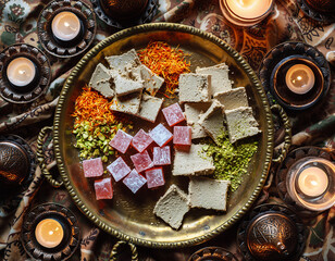 Luxurious Middle Eastern Sweets Platter with Turkish Delight, Halva, Nuts, and Saffron – Overhead View