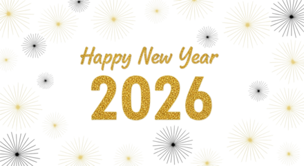 Happy new year 2026 greeting with sparkling golden numbers and firework elements on a transparent background