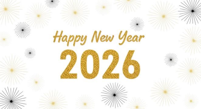 Happy new year 2026 greeting with sparkling golden numbers and firework elements on a transparent background
