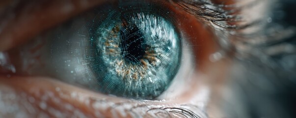 Close-up of an eye with digital blue graphics overlay, conveying a futuristic tech vibe