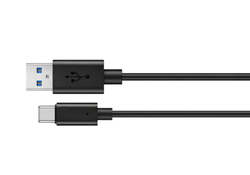 U S B Type A to U S B Type C cable with connectors and U S B logo isolated on a transparent background