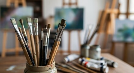 Fototapeta premium Art Supplies in a Bright Studio: Brushes and Paint Tubes Showcase Creativity in an Artistic Environment