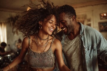 Young couple joyfully dancing and smiling, celebrating a romantic moment at home