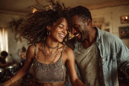 Young couple joyfully dancing and smiling, celebrating a romantic moment at home