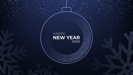 Happy New Year 2026 text inside a decorative Christmas ornament with snowflakes and falling snow. Festive holiday greeting card illustration. © marruu
