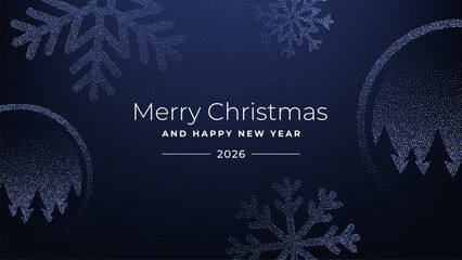 Merry Christmas and Happy New Year 2026 greeting card design with snowflake and tree dot pattern. Winter holiday banner for celebration.