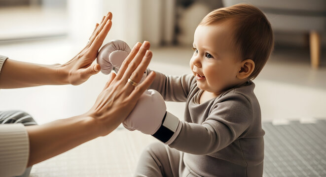 Joyful baby giving a high five to an adult hand, celebrating a moment of connection indoors. - Powered by Adobe