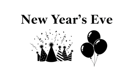 New years eve party graphic with hats and balloons