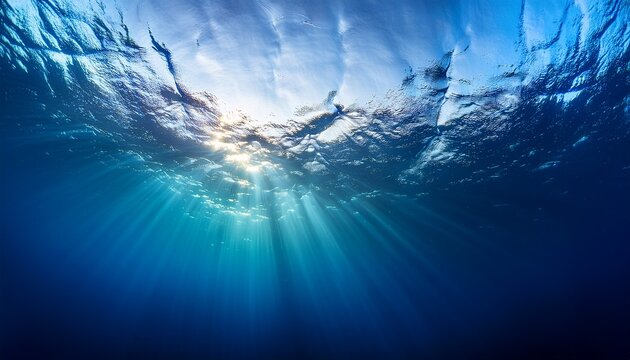 abstract image of tropical underwater dark blue deep ocean wide nature background with rays of sunlight an abstract underwater scene with dark blue ocean depths and rays of sunlight