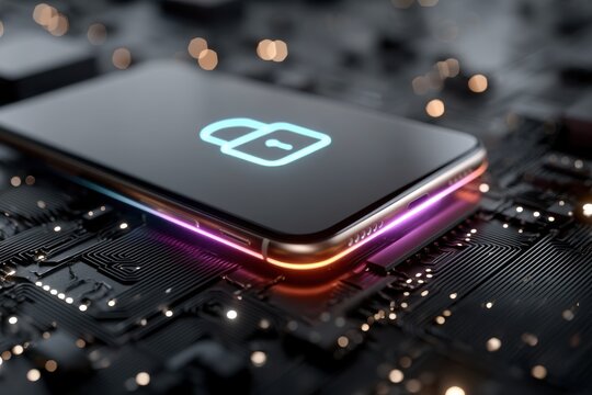 Digital illustration of a lock icon on a smartphone resting on a glowing circuit board for cybersecurity visuals