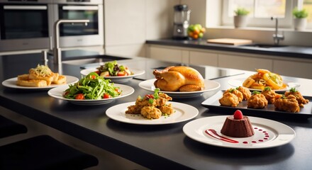 A Colorful Array of Plated Dishes in a Modern Kitchen Setting Featuring a Gourmet Meal with Salads, Main Courses, and Dessert