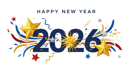 Happy new year 2026 text with stars and confetti