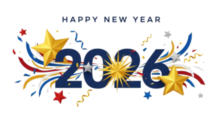 Happy new year 2026 text with stars and confetti