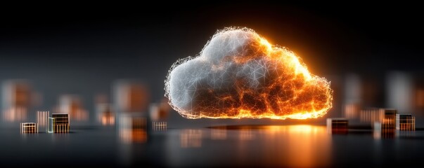 Glowing cloud icon with illuminated data blocks surrounding it, symbolizing cloud computing and data networks